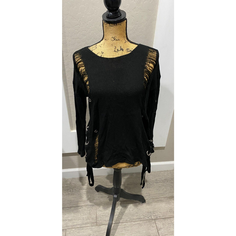 Sage & Flower Women's Long Sleeve Mesh Fishnet Shirt Black S/M Distressed, Ties